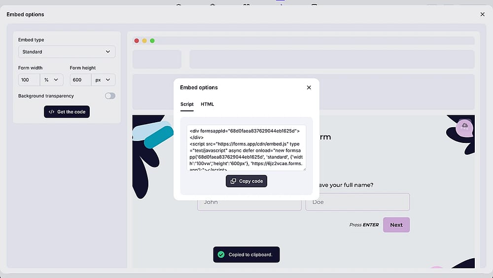An image showing the “Share” section of your form, where you can copy the embed code from the options below
