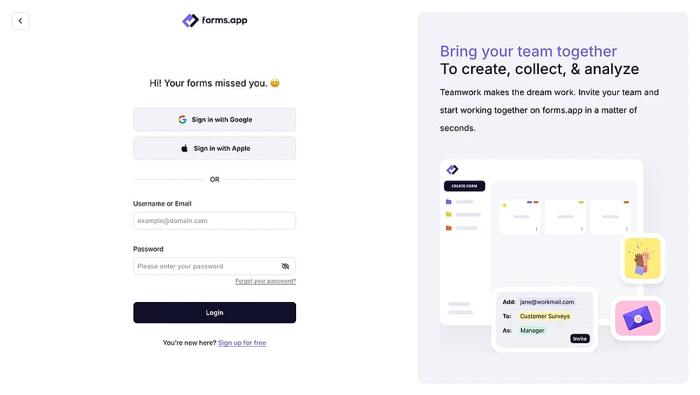 The login page of forms.app