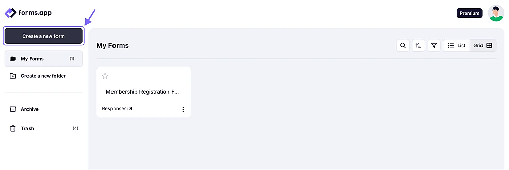 An image that highlights the create button on the forms.app dashboard