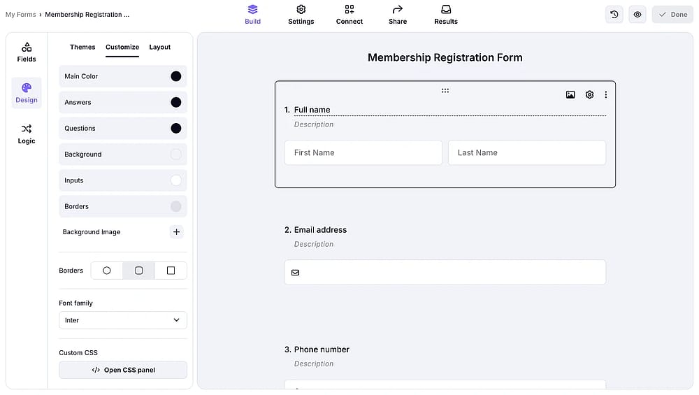 An image showing how you can access the “Customize” section in the “Design” tab while you are in the “Build” area of your form