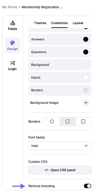 An image highlighting the “Remove branding” toggle in the “Customize” area, which you need to turn on