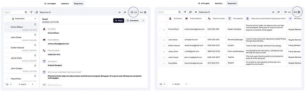 An image showing the two different view types (List view or Grid view) you can select to check your form responses