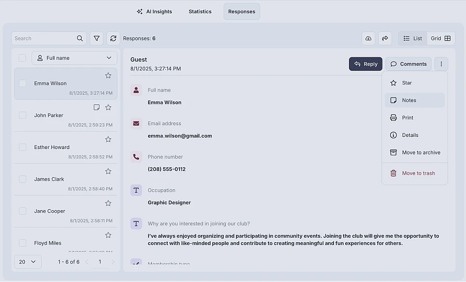 An image showing the Notes option, which you can find by pressing the three-dot menu of the specific response