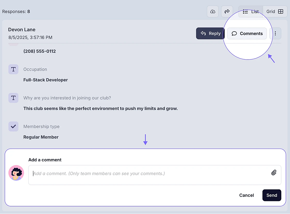 An image showing the option of leaving comments on your form response by pressing the Comments button