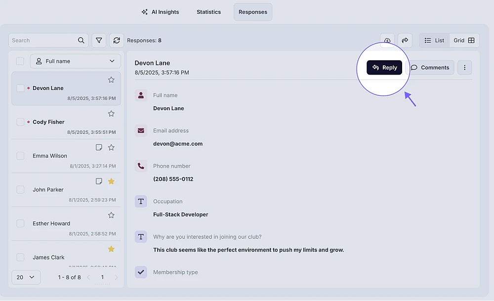 An image showing the option of replying to the respondents who filled out your form
