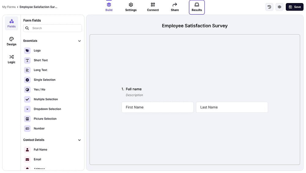 Opening the “Results” page on forms.app