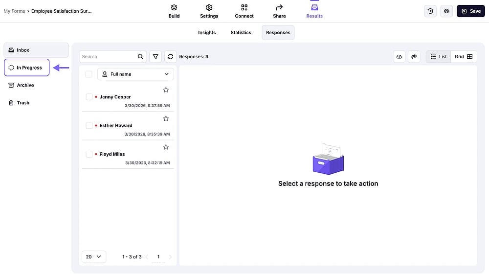 The position of the In progress tab under the “Results” page