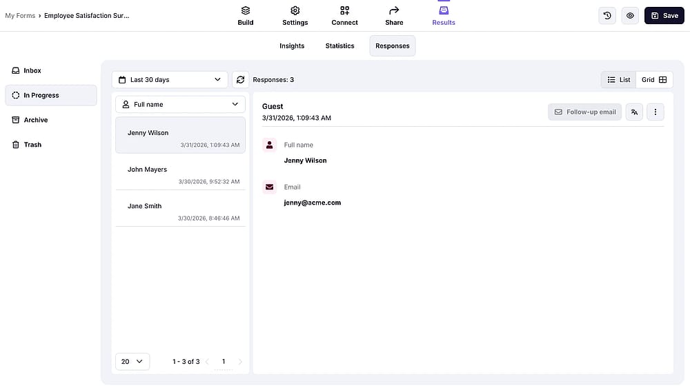 A partial response example within forms.app Results page