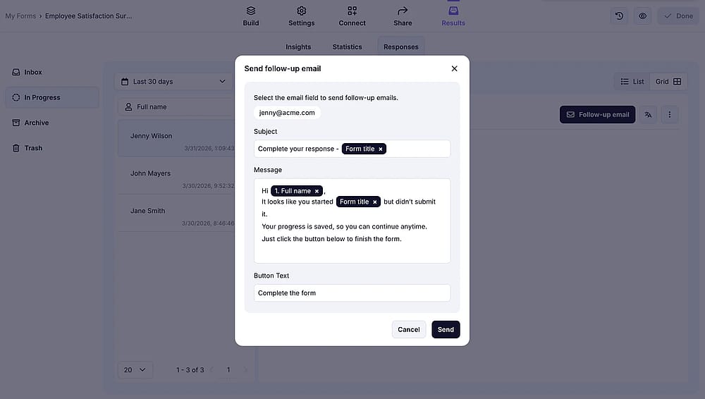 The email customization menu for follow-up emails