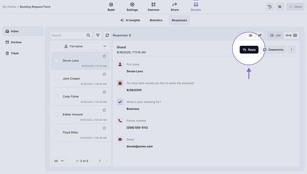 An image showing the “Reply” button you must press once you select the response needed