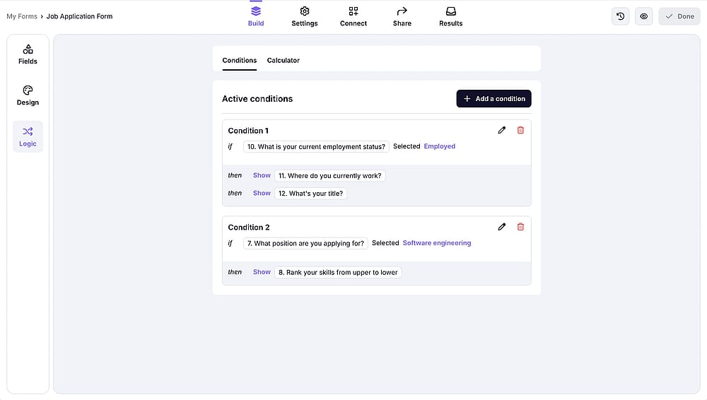 An image showing an example of the set-up conditional rule within the Job Application form