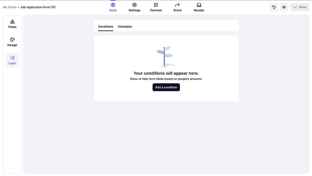 An image showing how you can access the Conditions section through the Logic tab