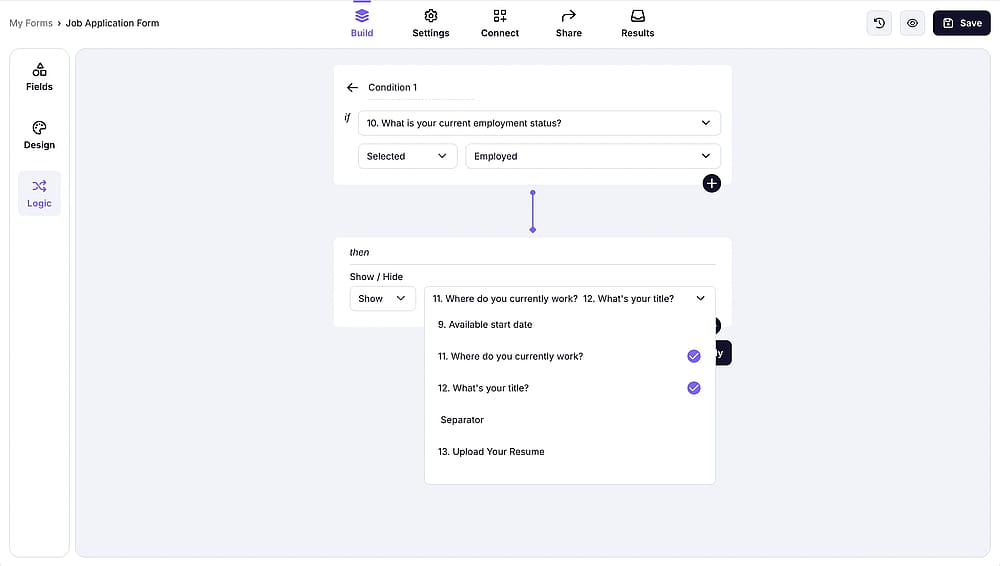 An image showing the area where you can select the field, which will depend on the first question regarding your rule
