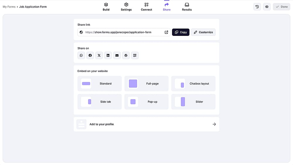 An image showing the “Share” section where you need to go after you have added and saved your conditions to share your form with your audience