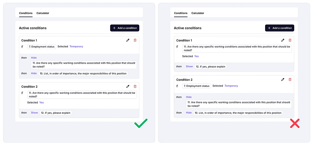An image showing examples of the correct condition usage on the left and the incorrect setup on the right side