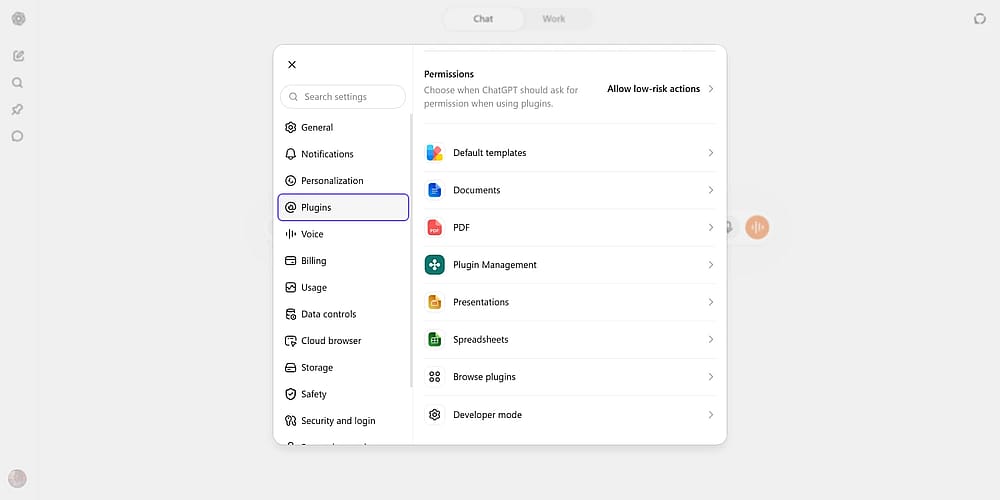 Plugins tab under ChatGPT settings