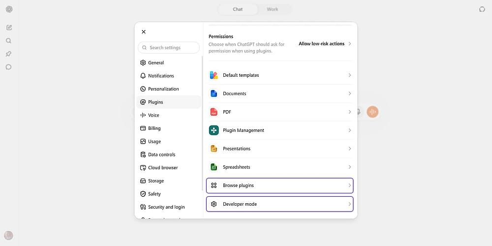 Developer Mode ve Browse Plugins options under ChatGPT settings