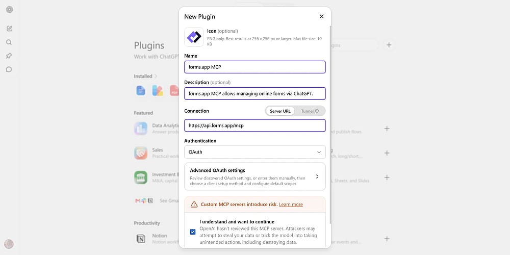 Custom plugin settings on ChatGPT