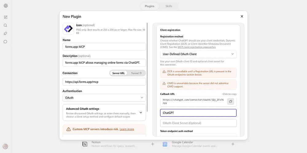 OAuth client ID input under custom plugin settings