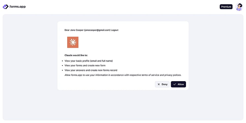 The access authorization page on forms.app