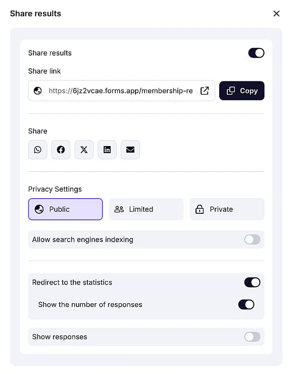 An image showing the options and settings you can adjust once you press the “arrow” button and the “Share results” window appears