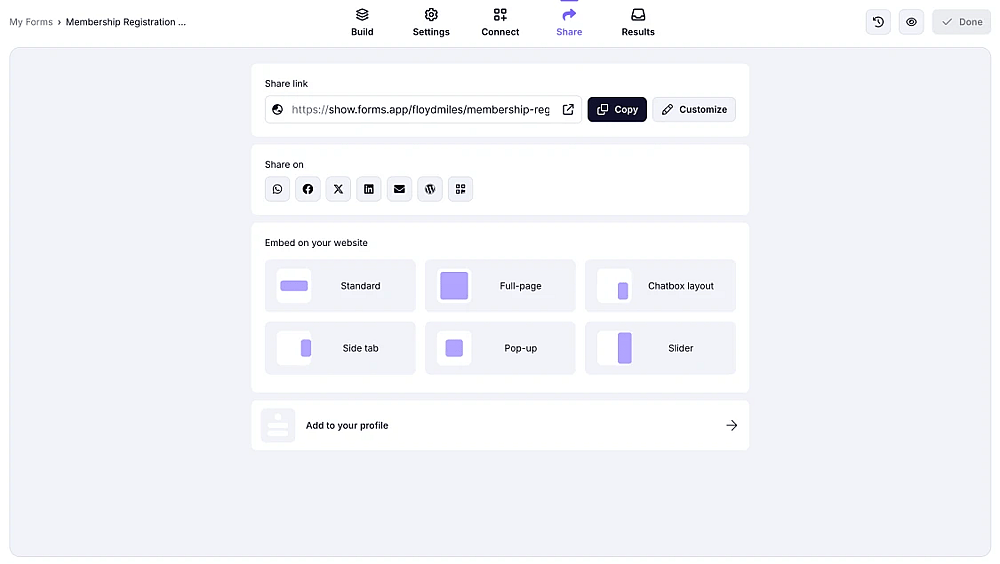 An image showing the Share section of your form