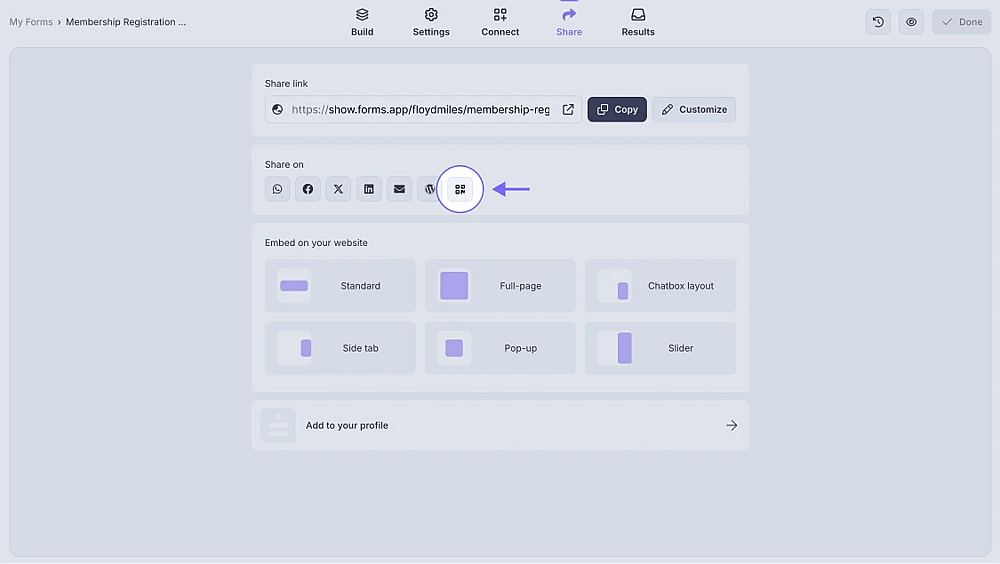 An image showing the QR code icon from other sharing options in the Share tab