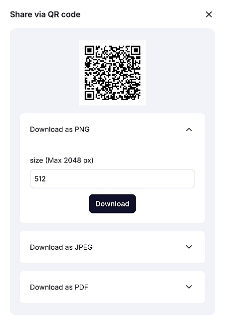 An image showing the options of changing the size of your QR code file and formatting options