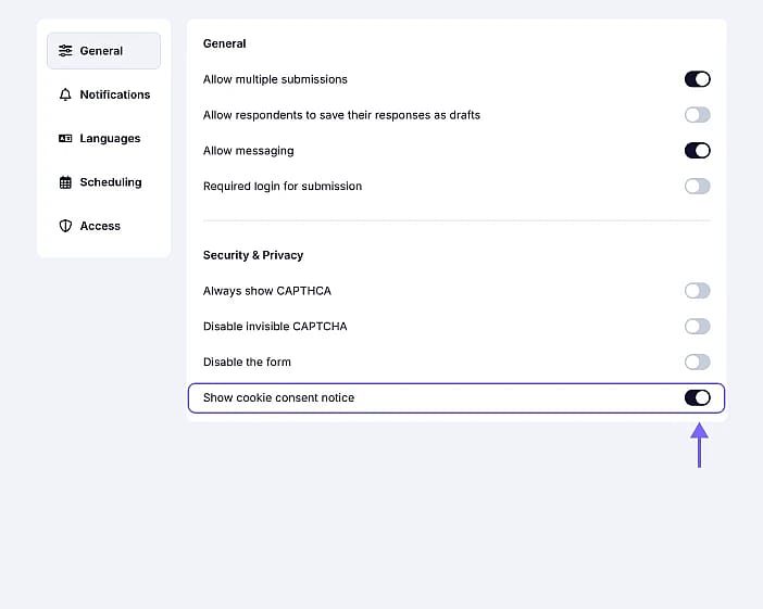 An image highlighting the enabled "Show cookie consent notice" toggle in the Security &amp; Privacy section