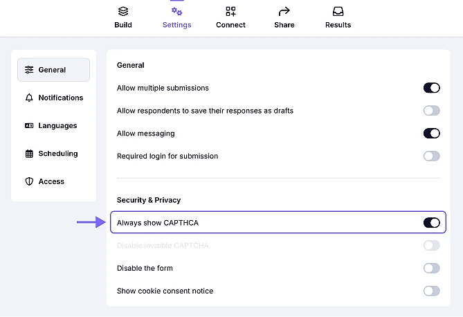 An image showing the Always show CAPTCHA toggle in the Settings tab of your form
