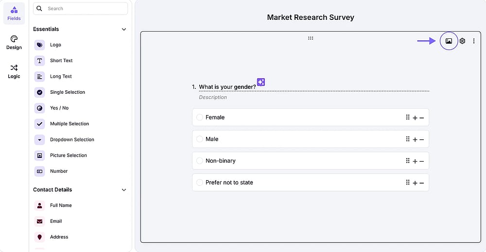 An image showing the forms.app field from the “Build” section, where you need to click the “Image” icon in the upper right corner of the field