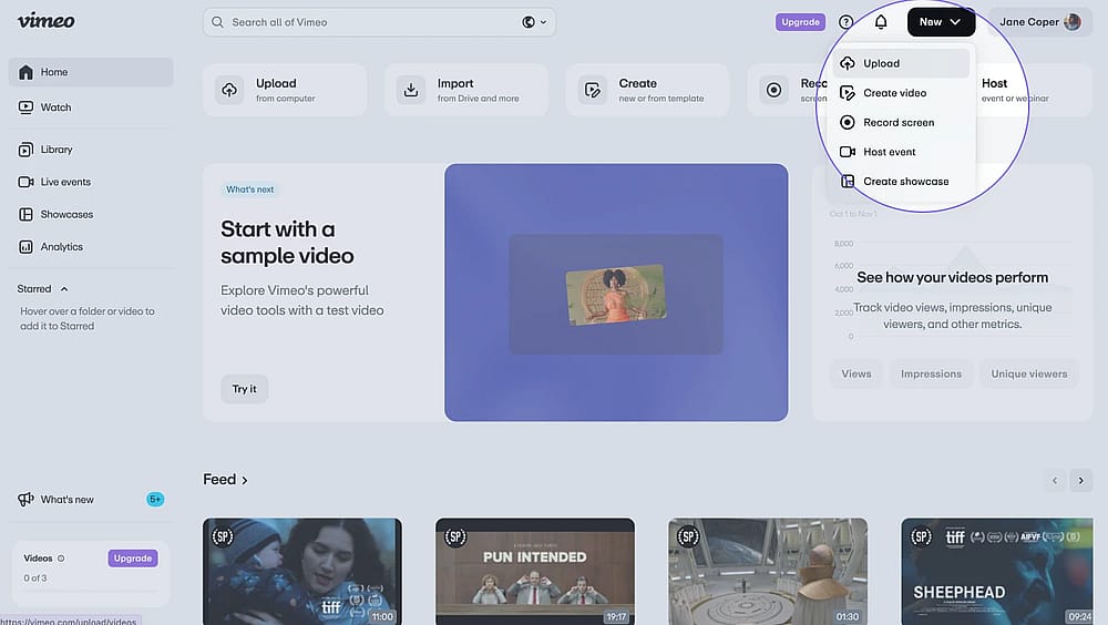 An image showing an example of the Vimeo account where you need to click on the “New video” button