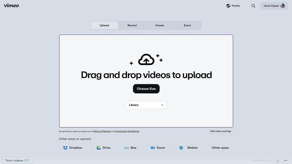 An image showing the upload page of the Vimeo platform, where you will be redirected