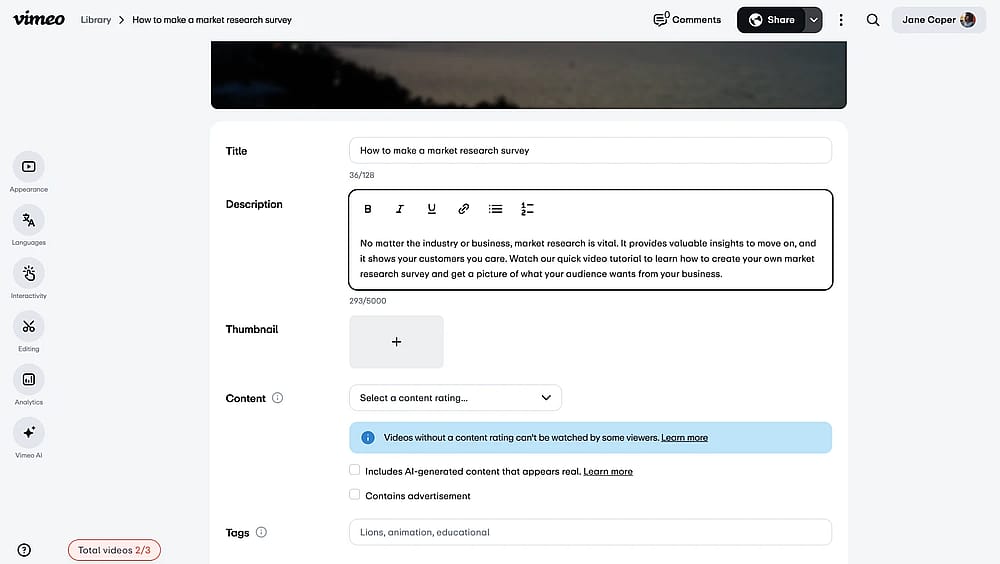 An image showing the details you will be able to adjust once you upload the preferred video file