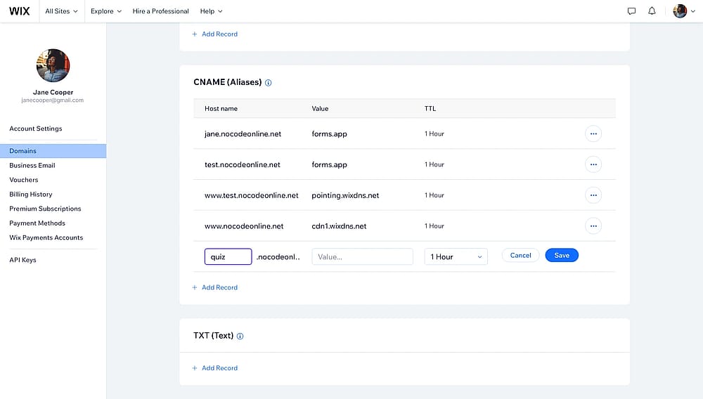An image showing how to add a CNAME on Wix