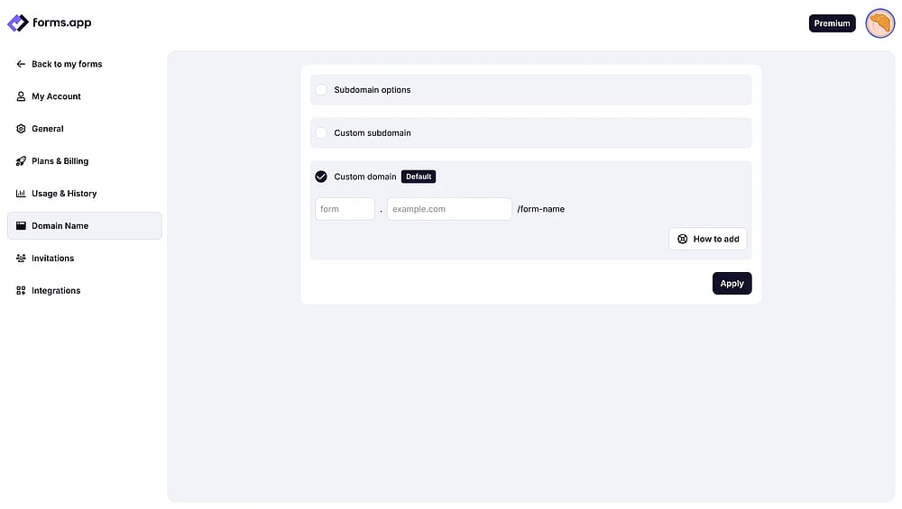 An image showing the “Domain name” option from the left menu, where you need to select the “Custom domain” section