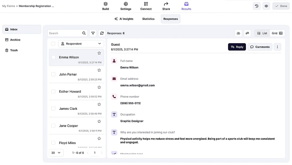 An image showing the List view type for reviewing your form responses