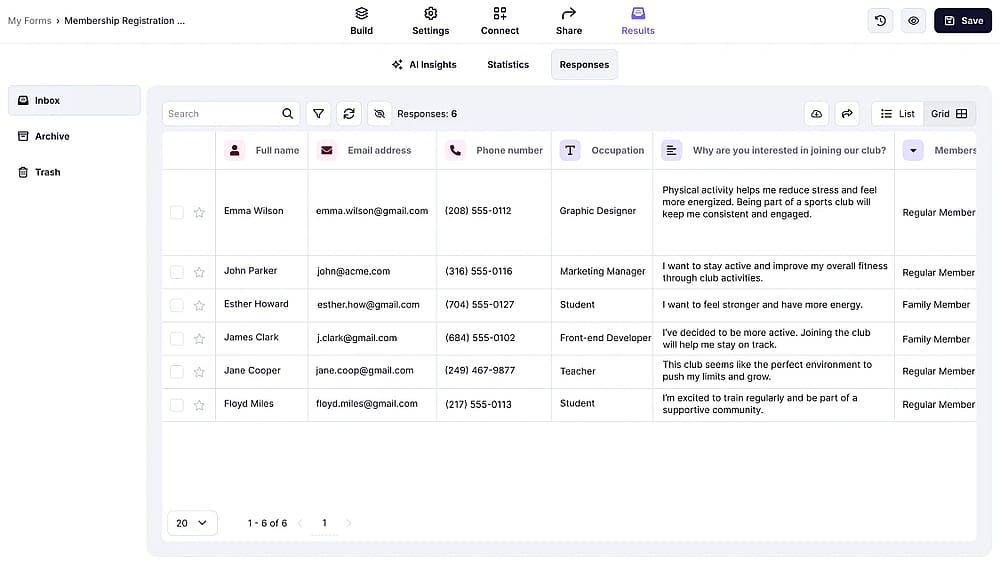 An image showing the Grid view type for reviewing your form responses