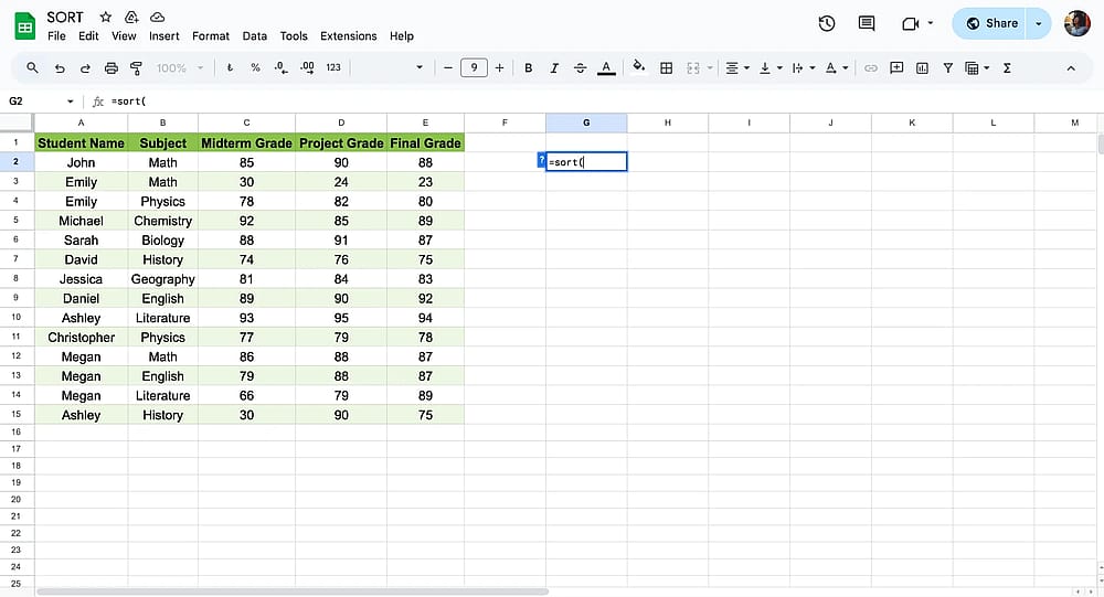 Start typing the formula