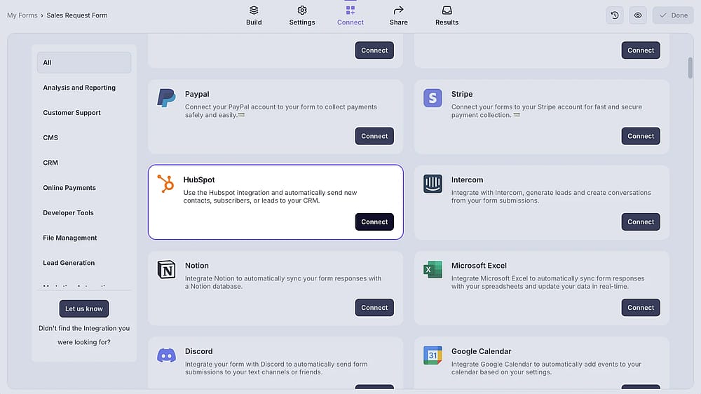 An image showing the “HubSpot integration” button, which you can easily find by accessing the “Connect” tab