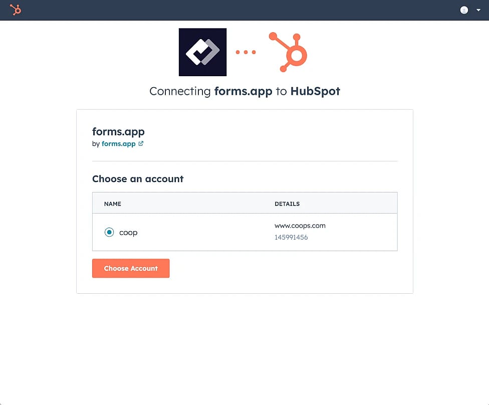 An image showing the HubSpot page where you will need to select the needed account to start the integration