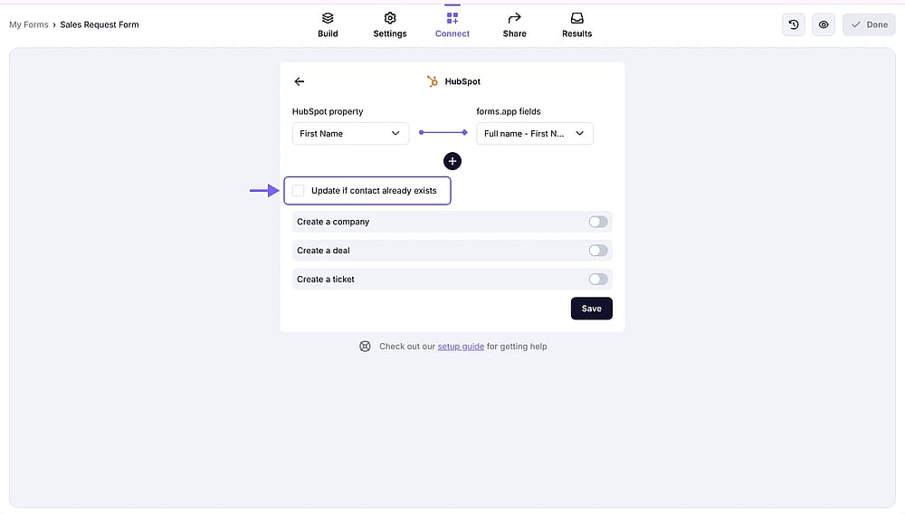 An image showing the “Update if contact already exists” checkbox, which you need to click if you want to update contacts if they have already registered