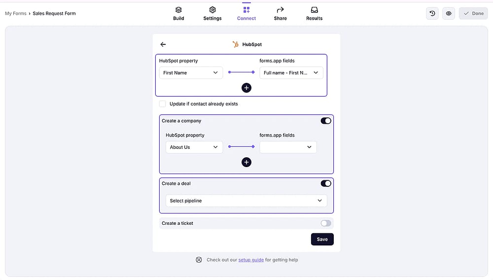 An image showing the options of creating a company and a deal if needed