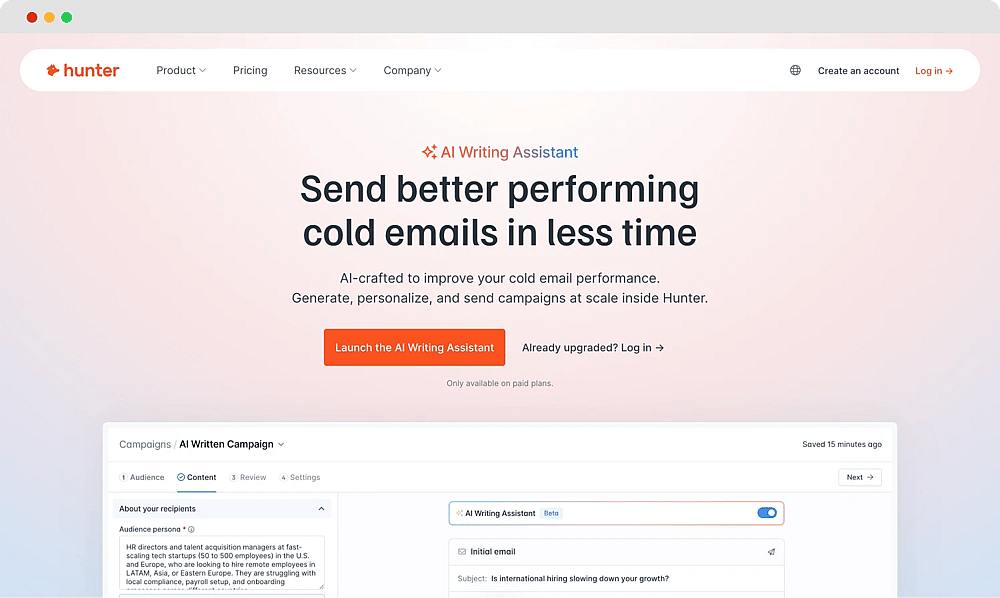 The homepage of Hunter