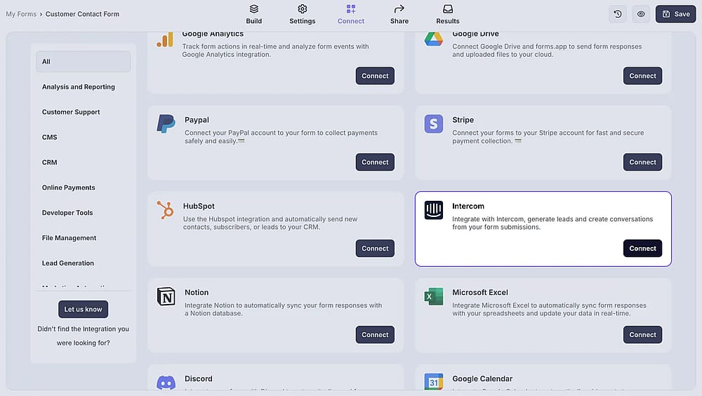 An image showing the “Intercom integration” button, which you can easily find by accessing the “Connect” tab