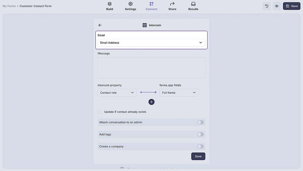An image showing the area where you will need to match the properties of Intercom with the needed form fields
