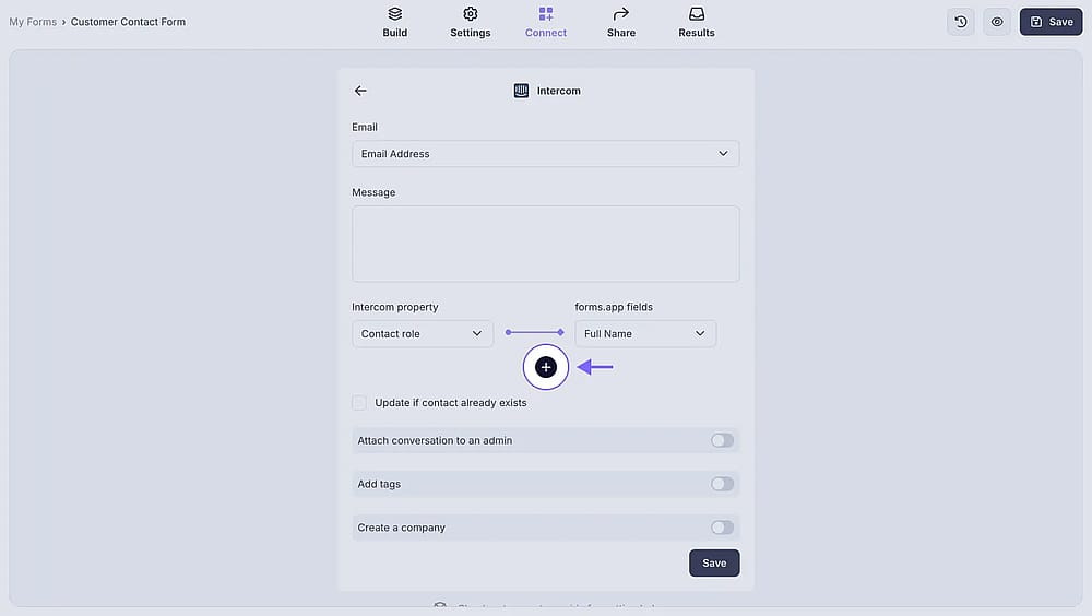 An image showing the “plus” button, which allows you to add more Intercom properties