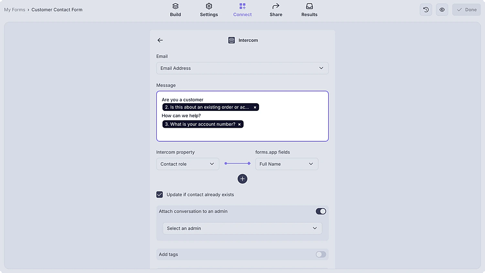 An image showing the “Message” area, where you can enter your text message and include fields from your form