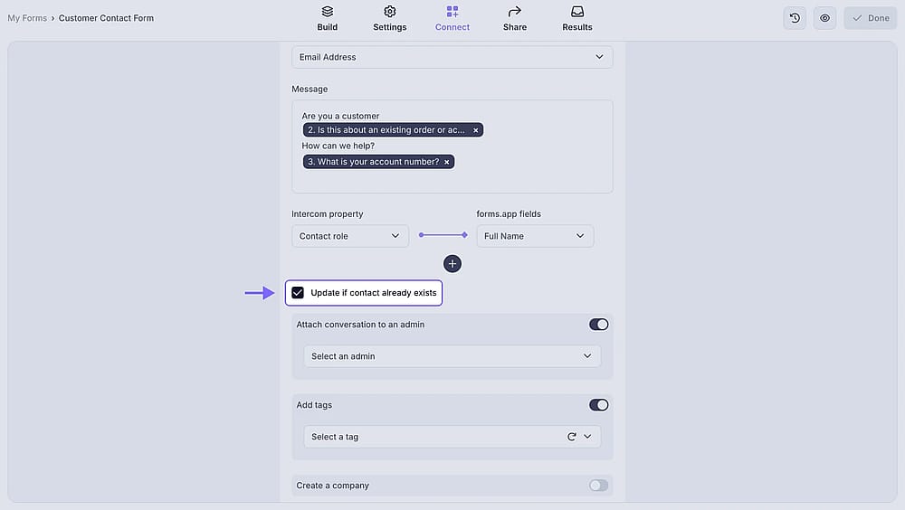 An image showing the checkbox that you can click in case you need to create new contacts on Intercom