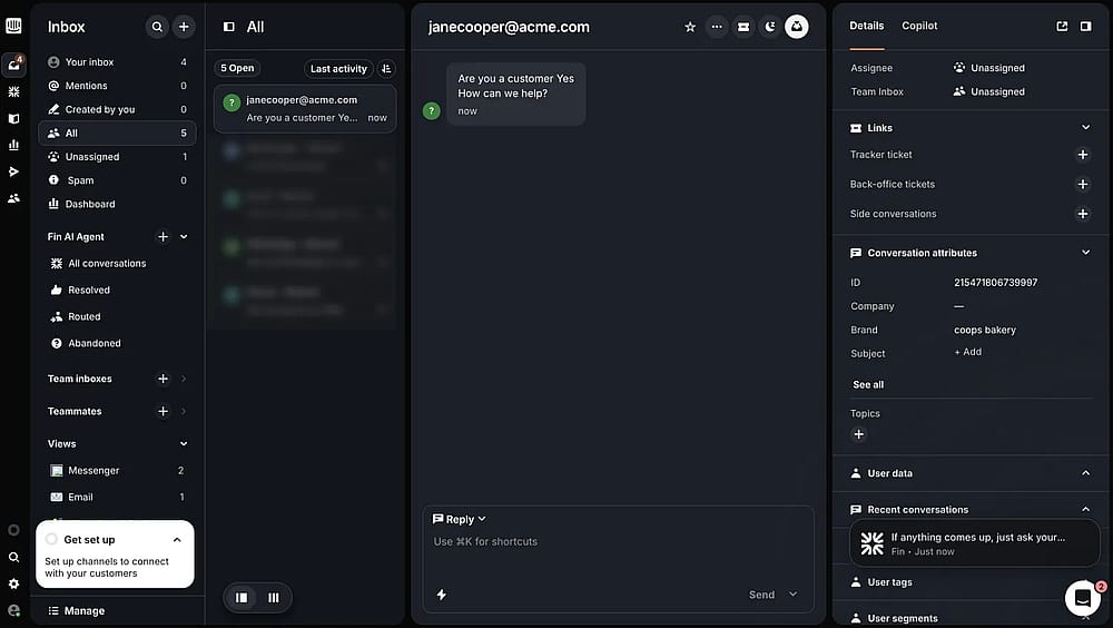 An image showing an example of the message received in the Intercom space after testing the integration